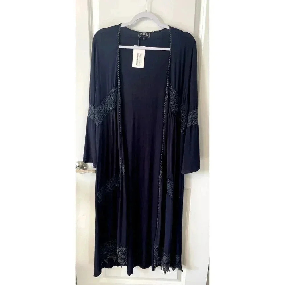 NWT POL Crochet/Knit Duster Cardigan Navy Mineral Washed Size M Boho Bell Sleeve